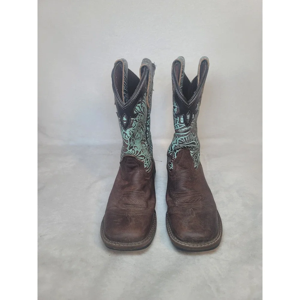 Roper Kids Western Cowboy Boots Size 1 Square Toe Farm Brown Leather Turquoise